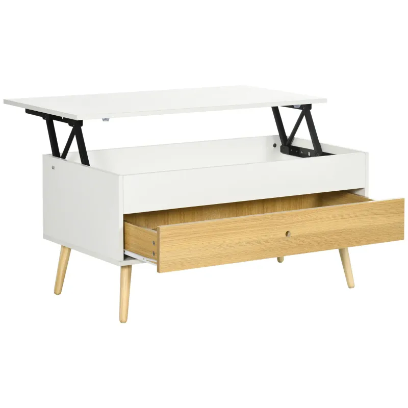 Höhenverstellbarer Couchtisch mit hochklappbarer Platte, helles Holz und Weiss