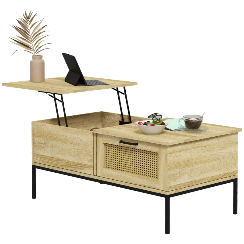 Boho-Style Kaffeetisch mit klappbarem Tablett und 2 Schubladen Rattan Holz