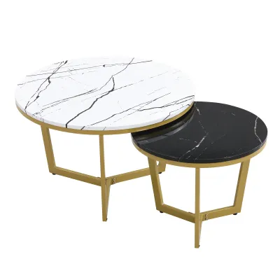 Exklusiver Luxus-Couchtisch im 2er-Set, Marmoroptik mit vergoldetem Metallgestell und L-förmigen Beinen, Weiss und Schwarz