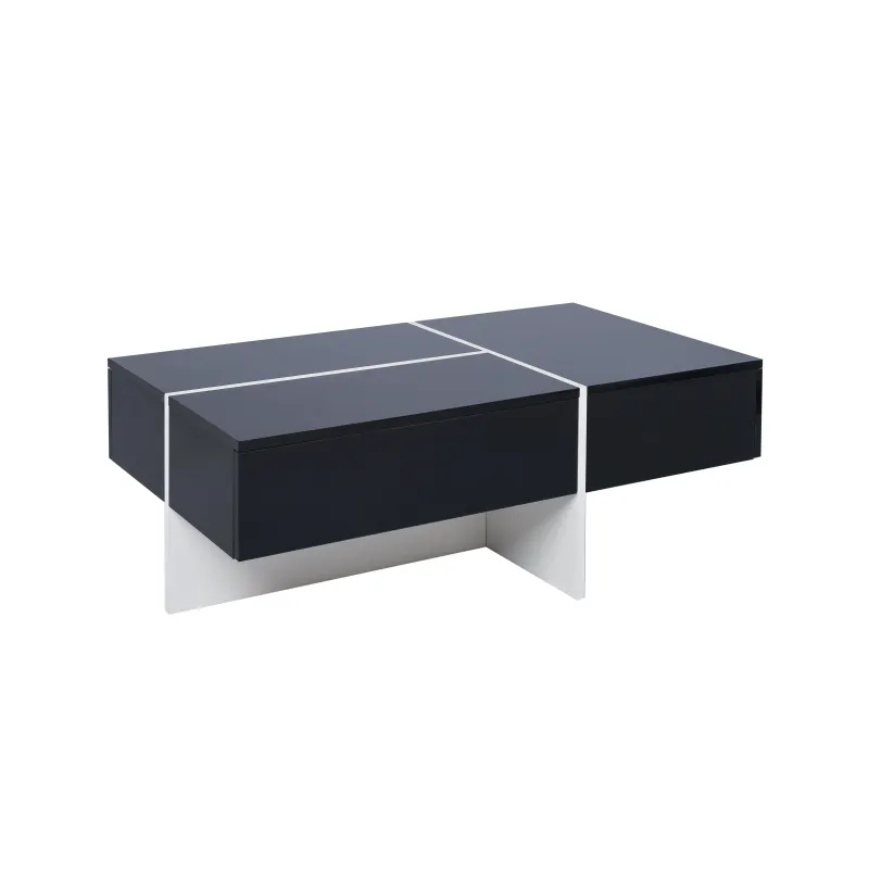 Hochglänzender Couchtisch mit LED-Beleuchtung, schwarz-weisse Colorblock-Struktur