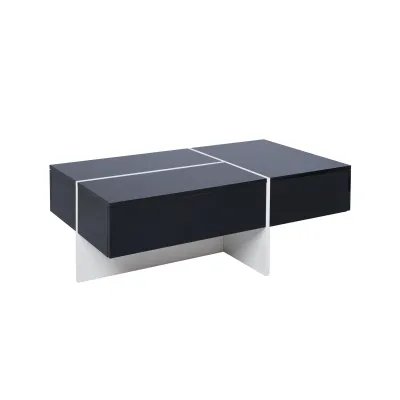 Hochglänzender Couchtisch mit LED-Beleuchtung, schwarz-weisse Colorblock-Struktur
