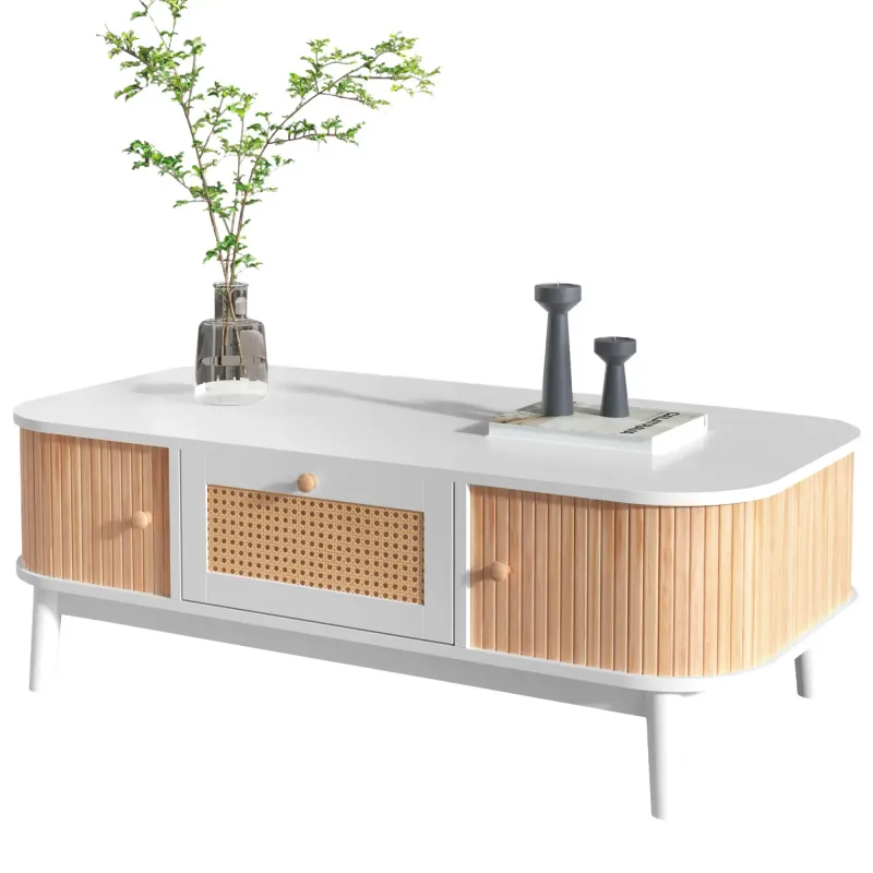Boho-Couchtisch mit Rattan mit Massivholzbeinen, Schubladen und Schiebetüren weiss