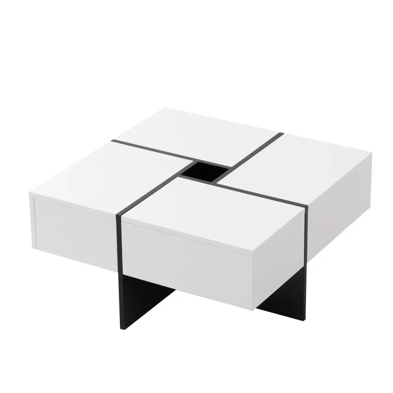Eleganter Hochglanz-Couchtisch mit innovativem Schubladensystem Weiss+Schwarz