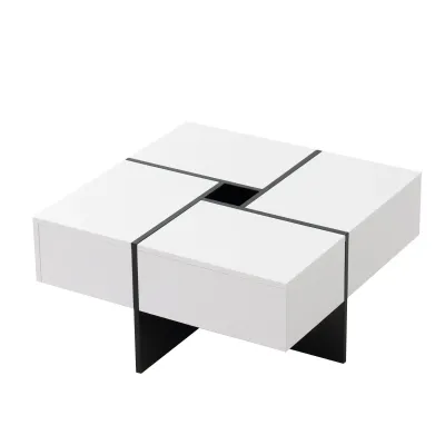 Eleganter Hochglanz-Couchtisch mit innovativem Schubladensystem Weiss+Schwarz