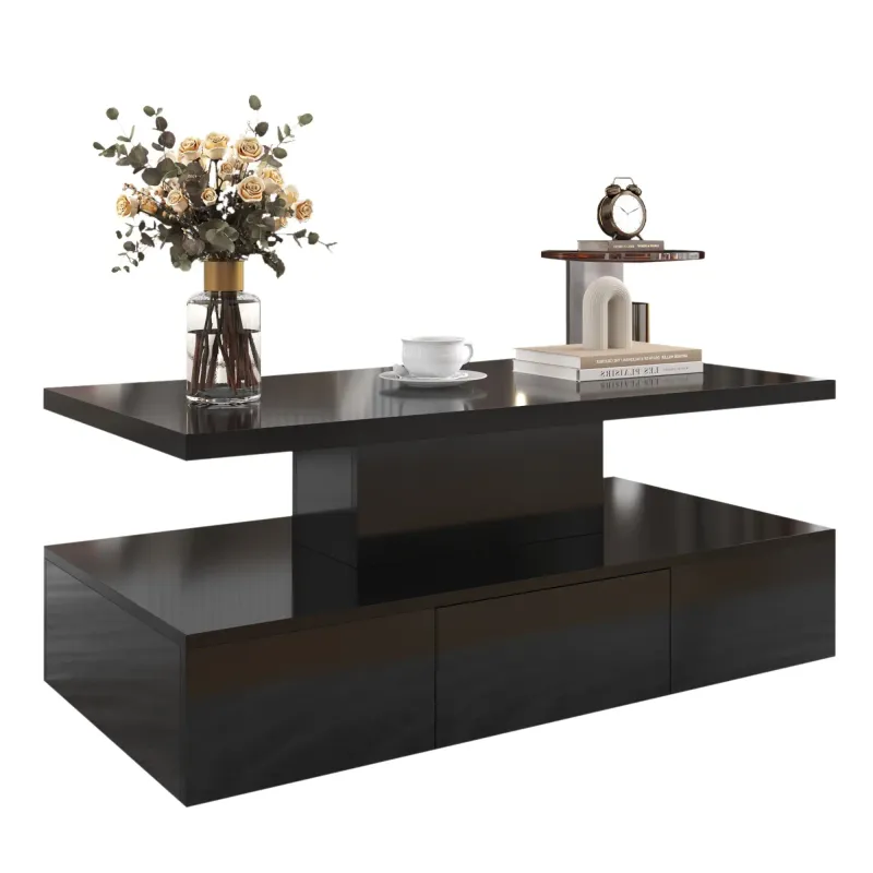 Luxus-Couchtisch mit LED-Beleuchtung, Schubladen und zwei Ablageebenen, Schwarz