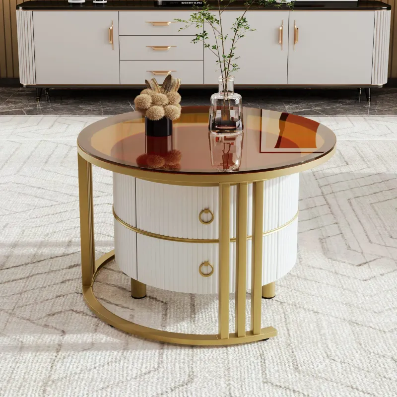 Moderner 2-in-1 Runder Beistelltisch mit Glasplatte und Schubladen, für Wohnzimmer, Weiss+Braun