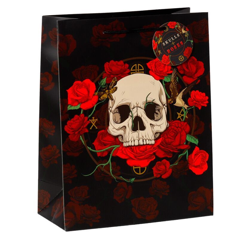 Skulls &amp; Roses Totenkopf rote Rosen Geschenktasche - (L)