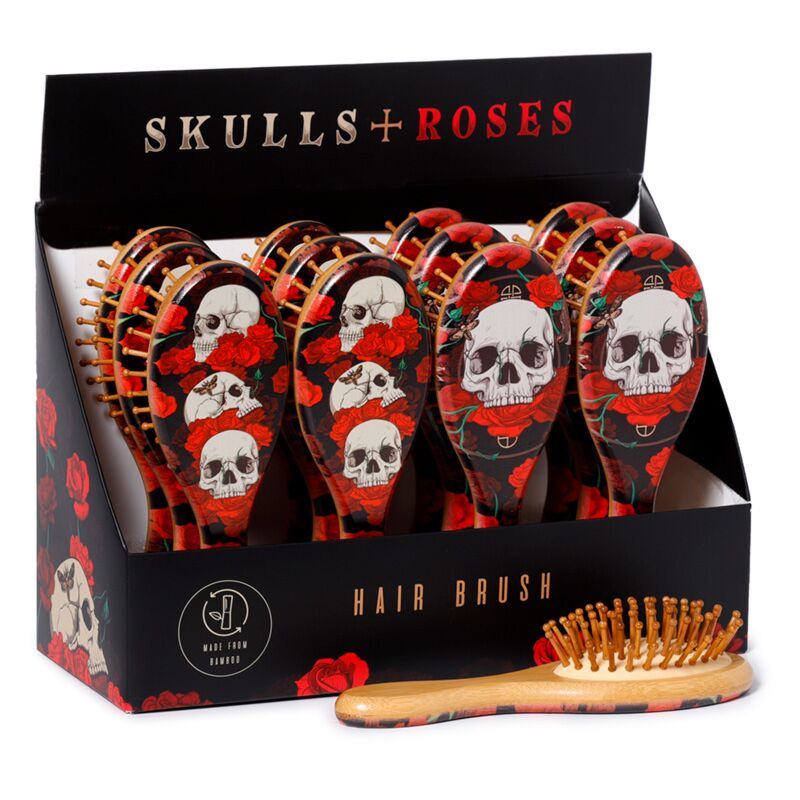 Skulls &amp; Roses Totenkopf Haarbürste aus 100 % Bambus