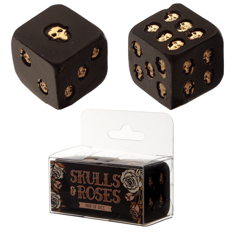 Skulls &amp; Roses 2-er Set Schwarz und Gold Totenkopf Würfel