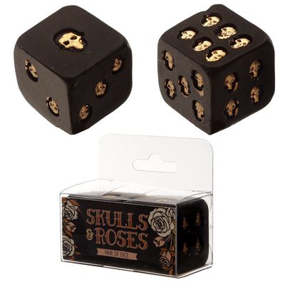 Skulls &amp; Roses 2-er Set Schwarz und Gold Totenkopf Würfel