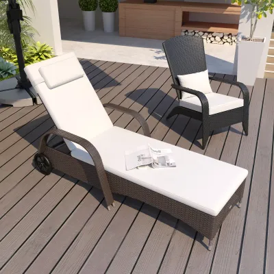 Gartenliege Sonnenliege Rattanliege Gartenmöbel Liege mobil mit Kissen und Rollen, Polyrattan+Metall, Kaffeebraun, 200 x 73 x 30-103cm
