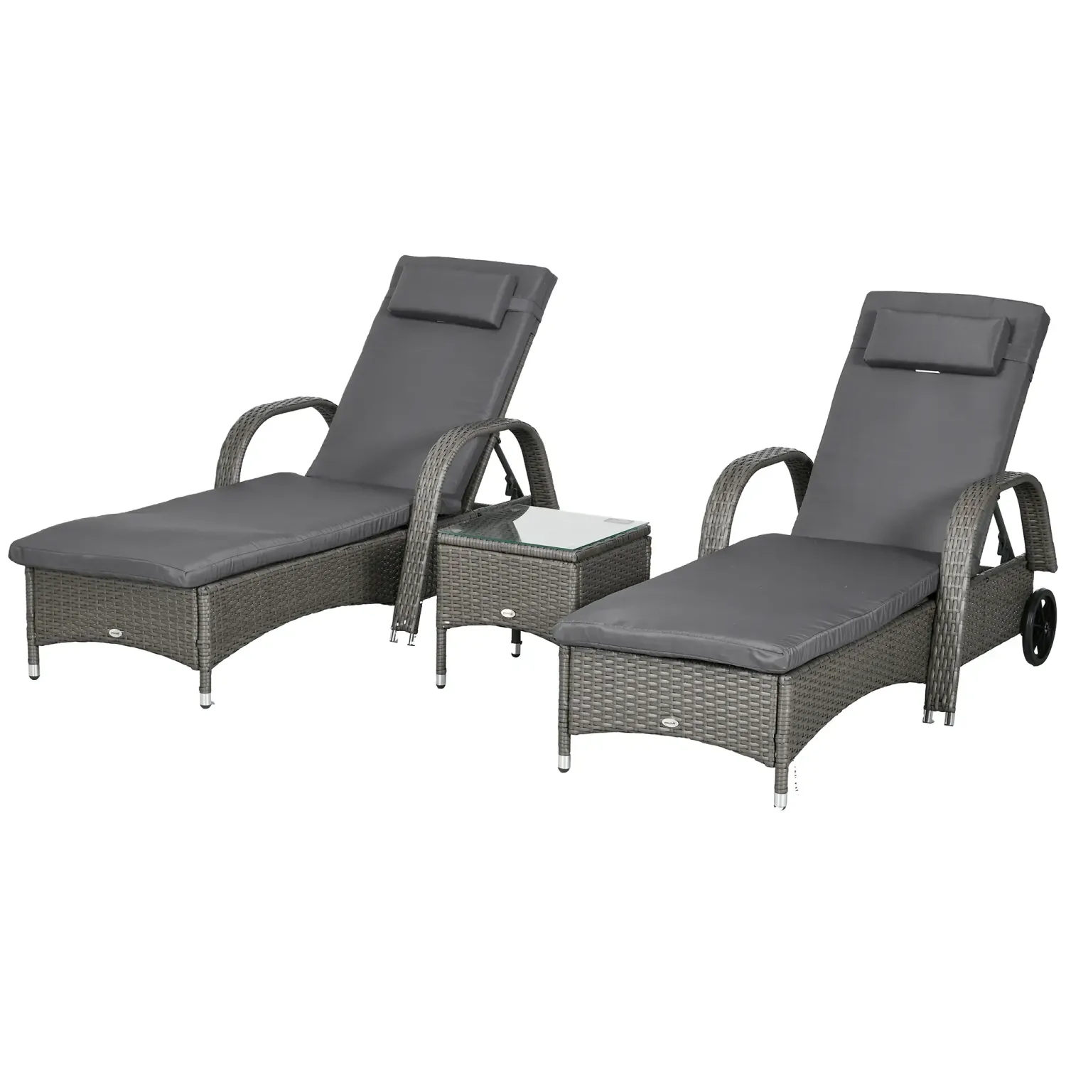 3er Set Sonnenliege mit Rollen + Tisch Polyrattan Grau+Dunkelgrau