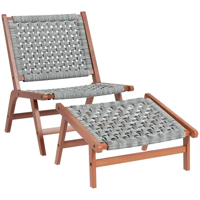 Gartenstuhl mit Fusshocker - Relaxsessel aus Akazienholz und geflochtenem Harzseil - Natur, Grau