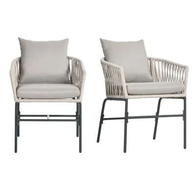 Outdoor Stühle, 2-er Set, Boho-Design, Sitz- und Rückenkissen, bequeme Sitzschale, Metallrahmen, hellgrau