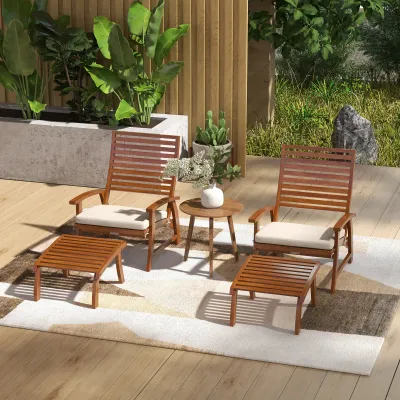 2er Set Gartenstühle - Relaxstühle mit Fusshockern - 4-teiliges Set aus Akazienholz mit cremefarbenen Kissen