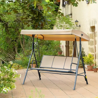 Hollywoodschaukel 3-Sitzer, verstellbares Dach, Stahlrahmen, 175x118x159 cm, Beige