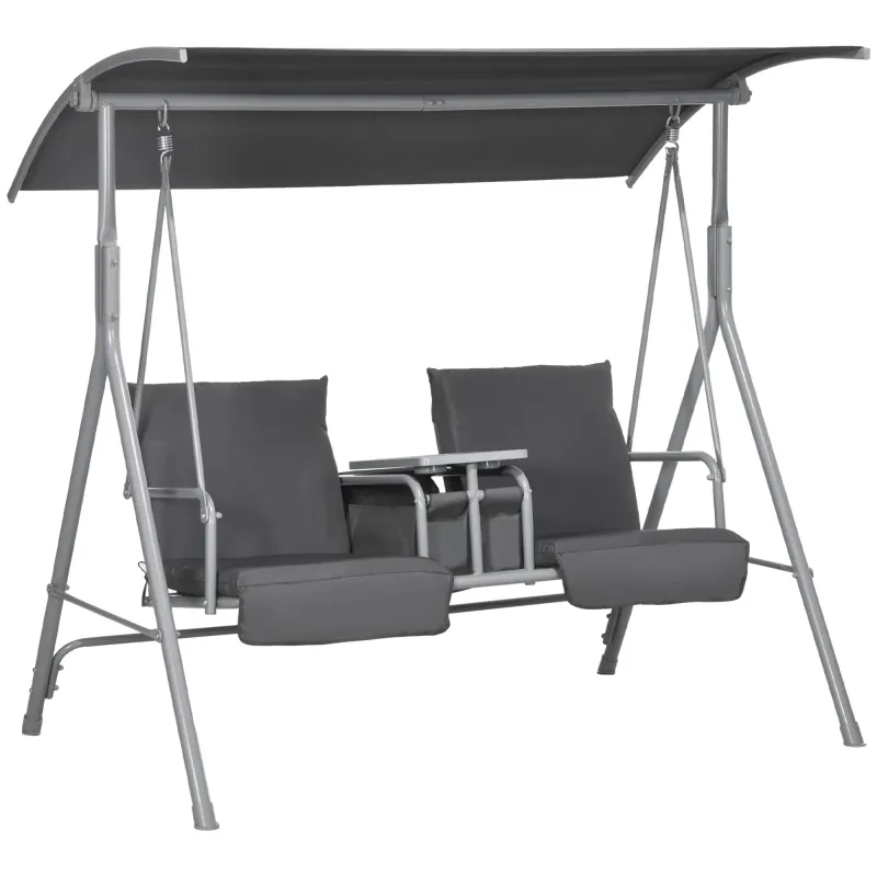 Hollywoodschaukel, 2-Sitzer, mit Dach und Tisch, Metallrahmen, bis 180 kg, 175x110x165 cm, Grau