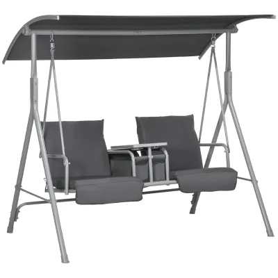 Hollywoodschaukel, 2-Sitzer, mit Dach und Tisch, Metallrahmen, bis 180 kg, 175x110x165 cm, Grau