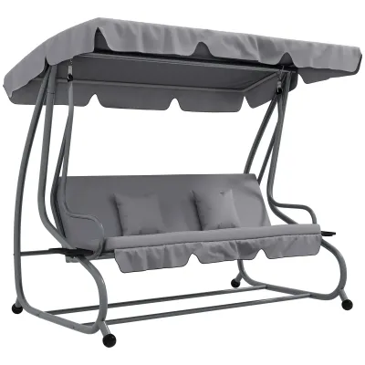 2-in-1 Hollywoodschaukel mit Liegefunktion, verstellbares Dach, bis 340 kg, Stahl, 200x120x164 cm, Grau