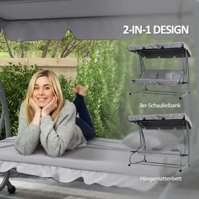 2-in-1 Hollywoodschaukel mit Liegefunktion, verstellbares Dach, 200x120x164 cm, Grau