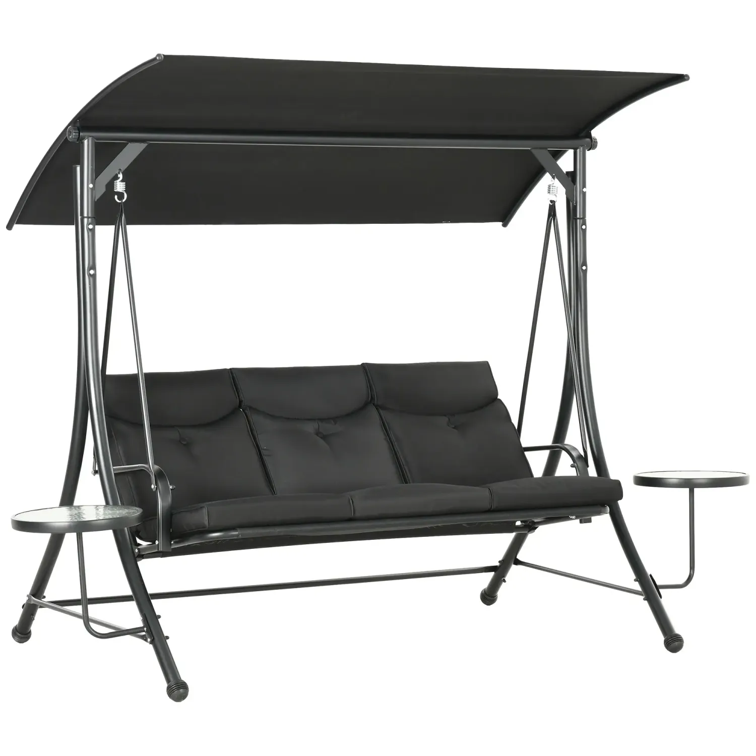 Hollywoodschaukel, 3-Sitzer mit Seitentischen, 278 x 125 x 177 cm, Schwarz