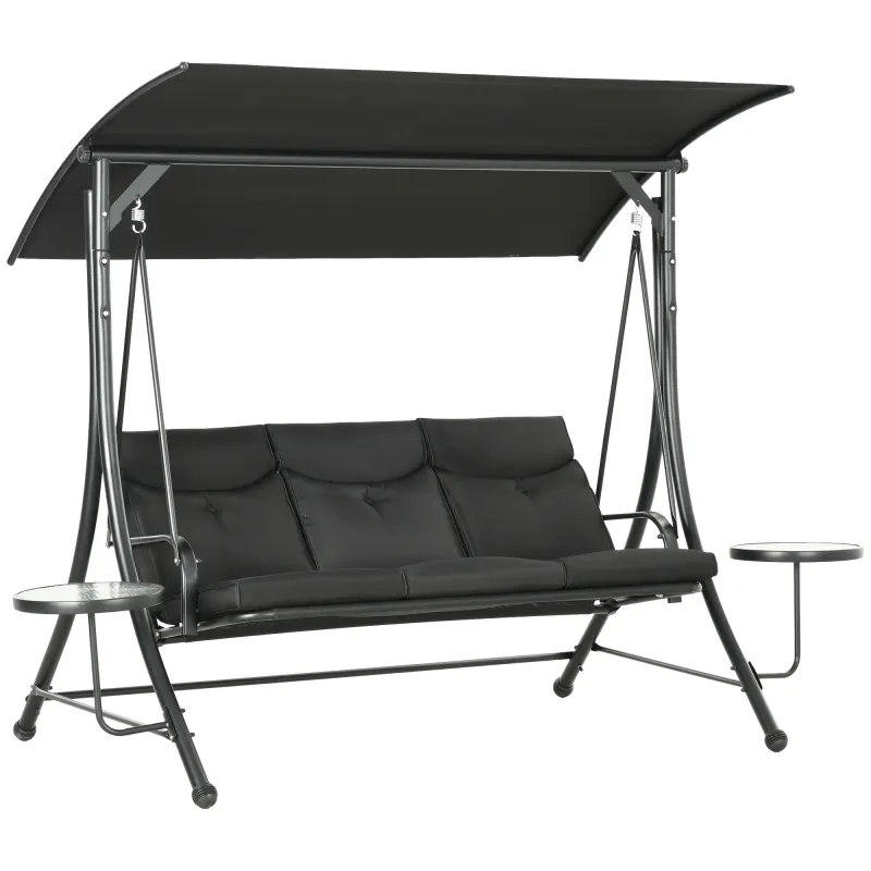 Hollywoodschaukel, 3-Sitzer mit Seitentischen, 278 x 125 x 177 cm, Schwarz