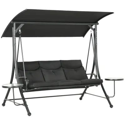 Hollywoodschaukel, 3-Sitzer mit Seitentischen, 278 x 125 x 177 cm, Schwarz