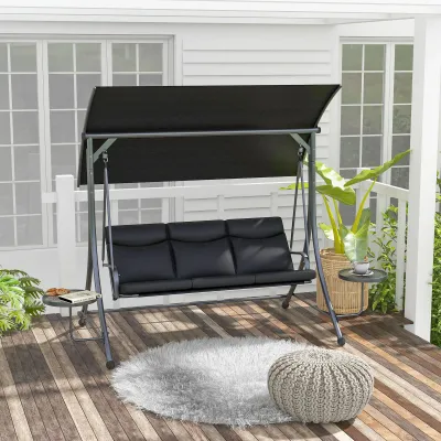 Hollywoodschaukel, 3-Sitzer mit Seitentischen, 278 x 125 x 177 cm, Schwarz