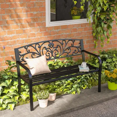 Gartenbank, Blumendesign, 2-Sitzer, 240 kg Tragkraft, Stahl, 127L x 60B x 87H cm, Schwarz