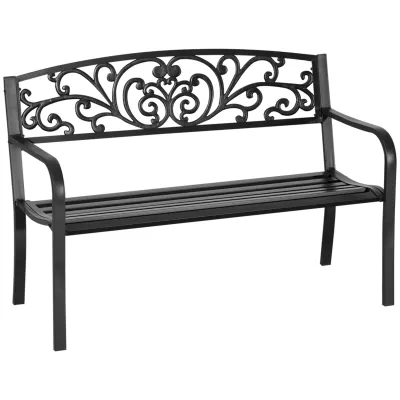Gartenbank, Blumendesign, 2-Sitzer, 240 kg Tragkraft, Stahl, 127L x 60B x 87H cm, Schwarz