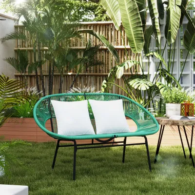 Gartenbank 2-Sitzer aus Stahl und Rattan-Seilgeflecht mit 2 Kissen  - Dunkelgrün