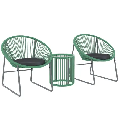 3-teiliges Rattan-Outdoor-Möbelset, 1 Tisch, 2 Stühle, Glastischplatte, Boho-Stil, weiche Kissen, Grün