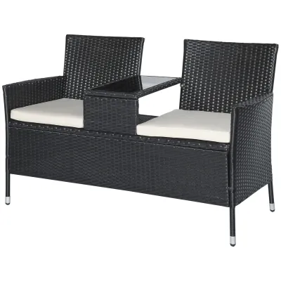 Rattan-Gartenbank mit Tisch 2-Sitzer Schwarz