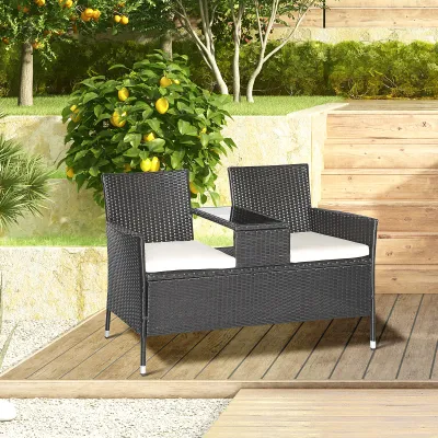 Rattan-Gartenbank mit Tisch 2-Sitzer Schwarz