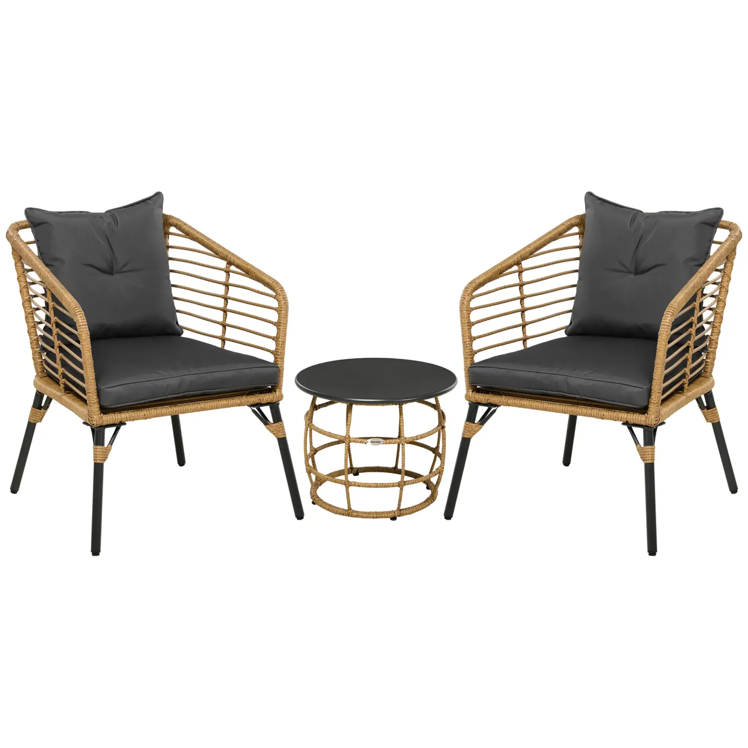 3-teiliges Bistro-Set, Rattan, 1 Beistelltisch, 2 Stühle, Sand+Dunkelgrau