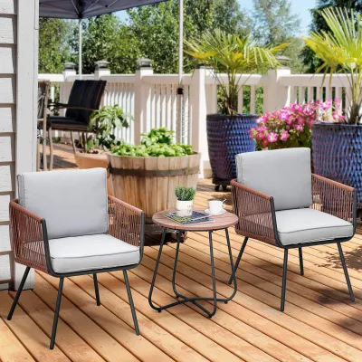 3-teiliges Rattan-Gartenmöbel-Set, 2 Sessel + Couchtisch, inkl. Kissen, Teak Grau Orange