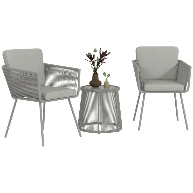 Gartenmöbel-Set im Kolonialstil 3-teilig, 2 Sessel mit grauen Kissen, grauer Couchtisch
