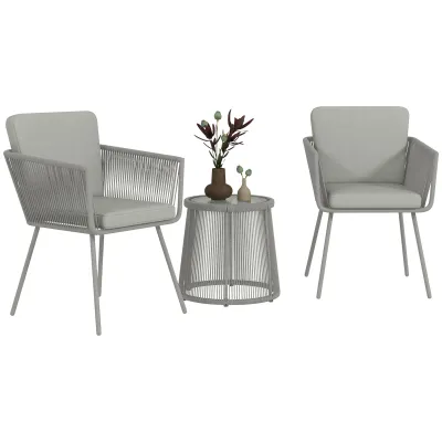 Gartenmöbel-Set im Kolonialstil 3-teilig, 2 Sessel mit grauen Kissen, grauer Couchtisch