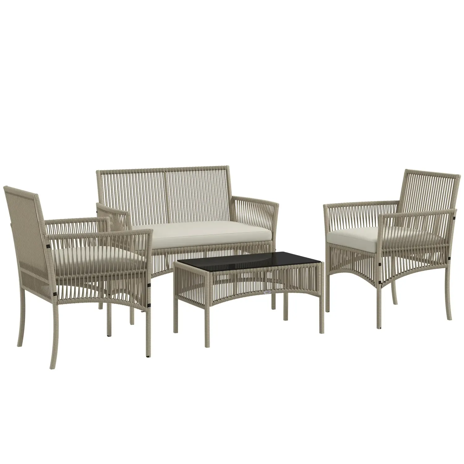 4-teiliges Rattan-Gartenmöbel-Set 2-Sitzer-Sofa 2 Sessel 1 Couchtisch mit gehärteter Glasplatte