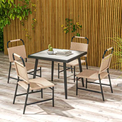 Rattan-Gartenmöbelset, Glastisch, quadratisch und 4 Stühle