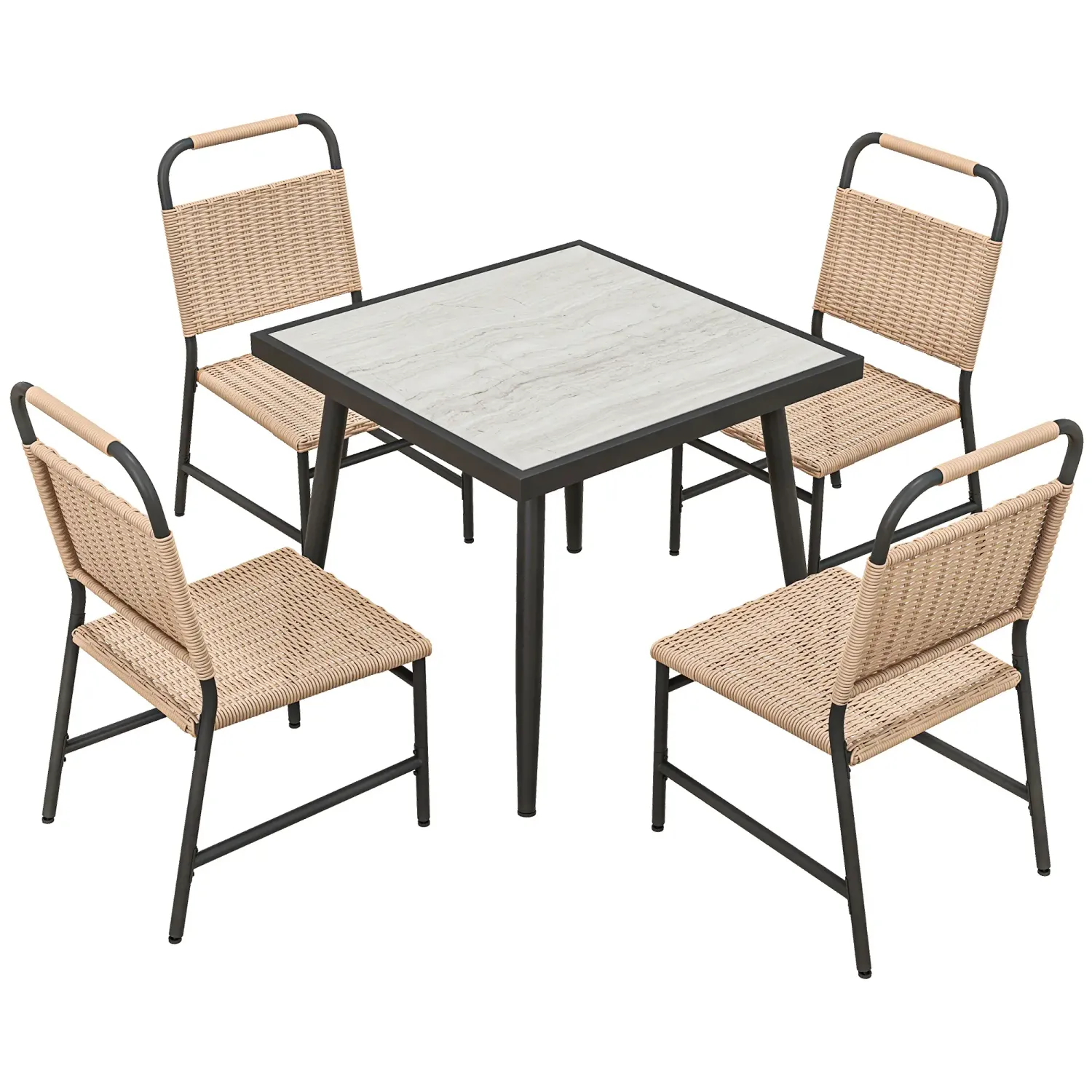 Rattan-Gartenmöbelset, Glastisch, quadratisch und 4 Stühle