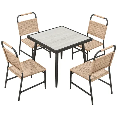 Rattan-Gartenmöbelset, Glastisch, quadratisch und 4 Stühle