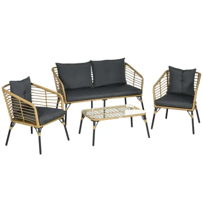 Gartenmöbel-Set für 4 Personen, Rattan Sitzgarnitur mit Kissen, Balkonmöbel im Boho-Stil, Sand+Dunkelgrau