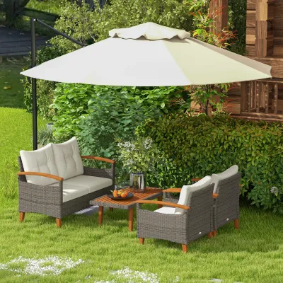 4-teiliges Rattan-Gartenmöbel-Set 2-Sitzer-Sofa 2 Sessel Kissen und Akazienholzplatte Creme