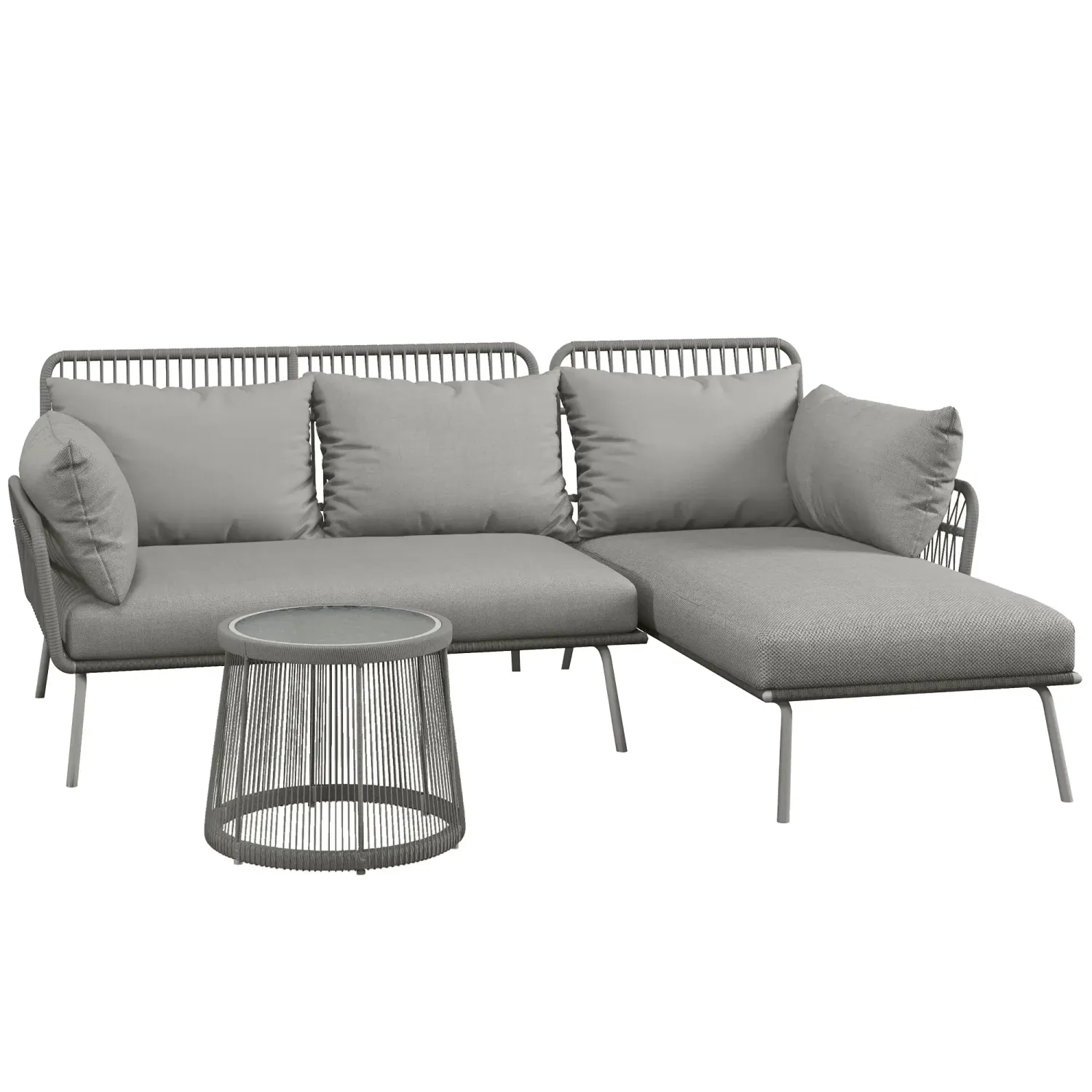 3 tlg. Rattan Gartenmöbel-Set, 1 Ecksofa, 1 Liege, inkl. Kissen, wetterbeständig, Hellgrau