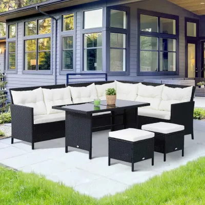 Gartenmöbel-Set aus PE-Rattan, für 7 Personen, Rattan-Lounge-Set, abnehmbare Polster, Schwarz