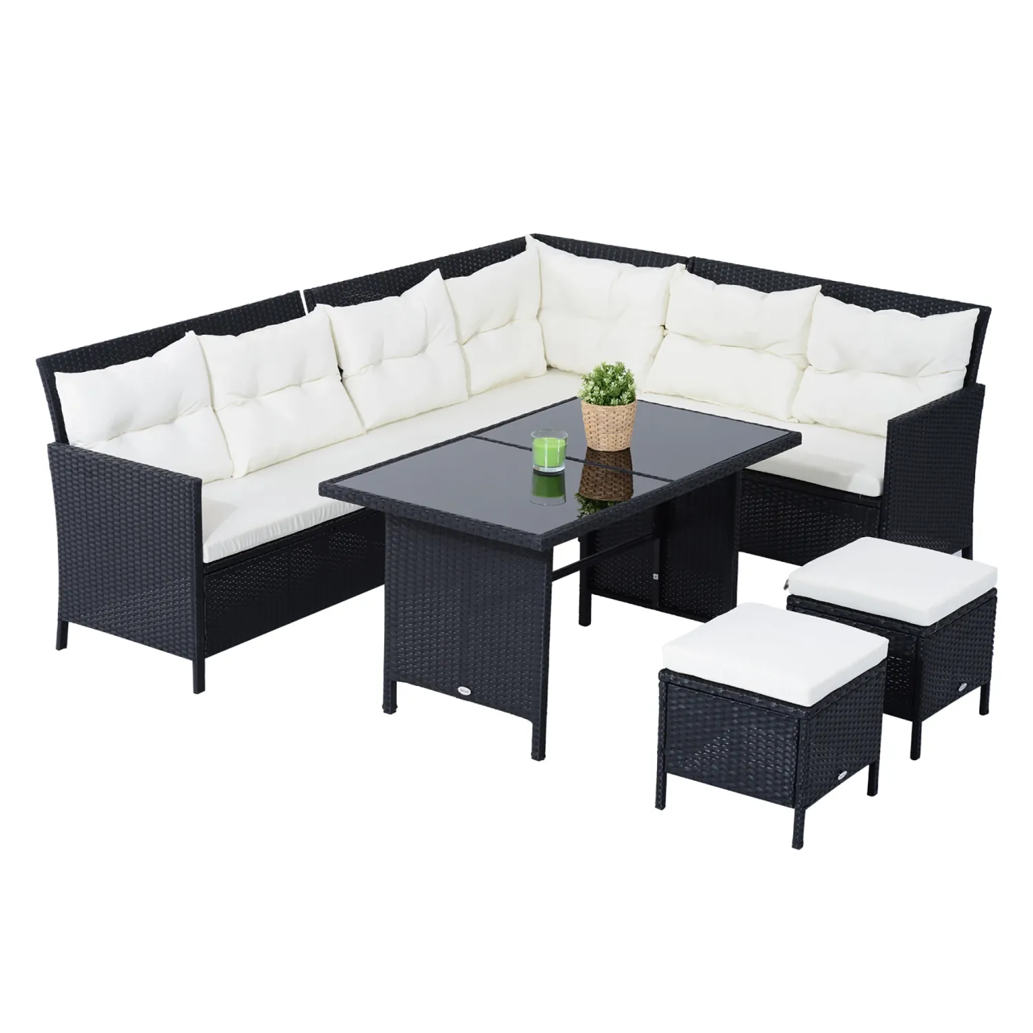 Gartenmöbel-Set aus PE-Rattan, für 7 Personen, Rattan-Lounge-Set, abnehmbare Polster, Schwarz