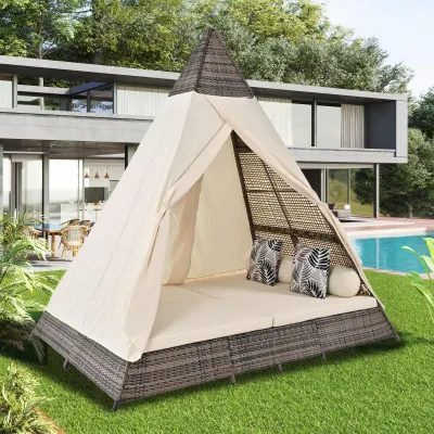 Gartenlounge-Set, Rattanzelt, geeignet für 2-4 Personen, inklusive Türvorhang, Sitzkissen, Beige