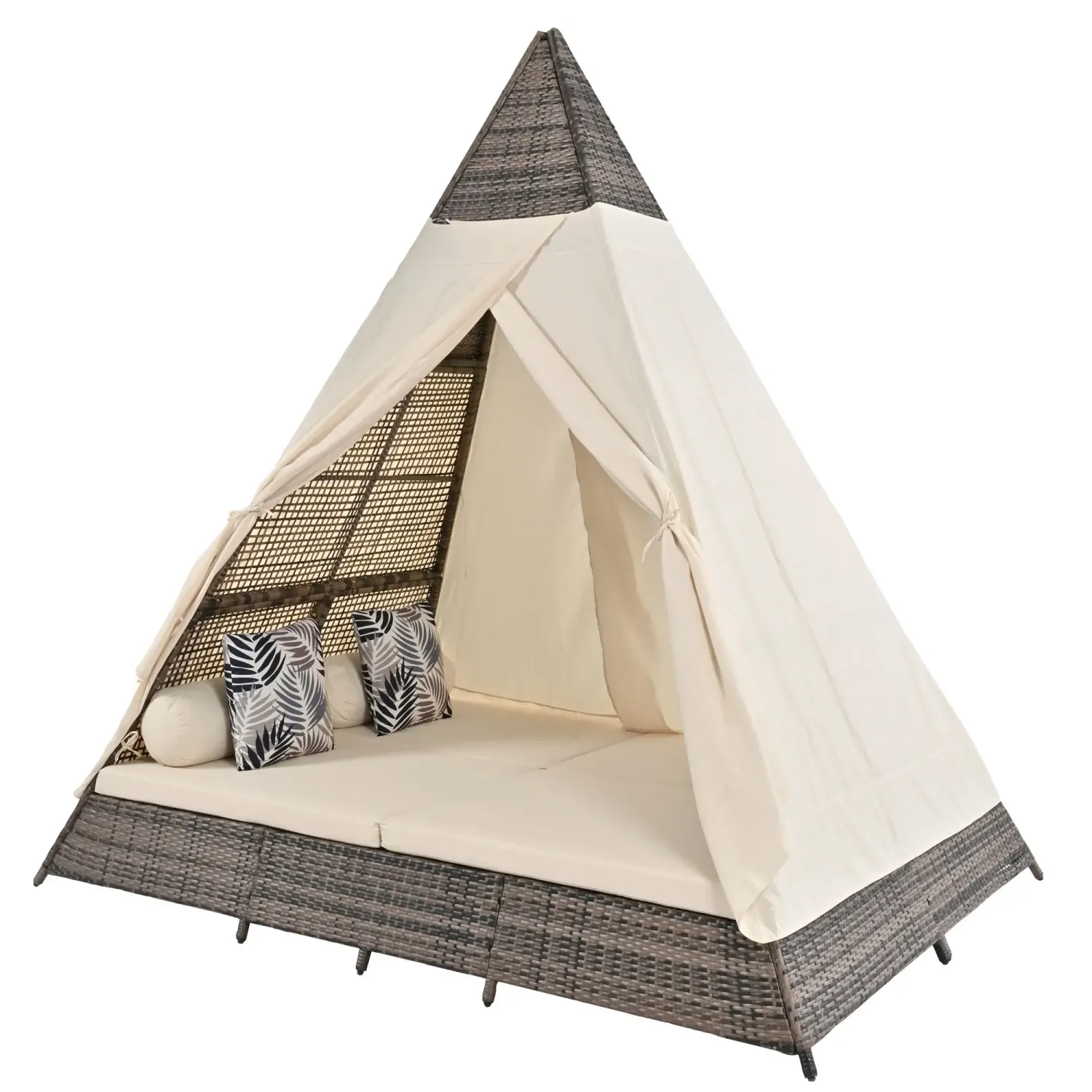 Gartenlounge-Set, Rattanzelt, geeignet für 2-4 Personen, inklusive Türvorhang, Sitzkissen, Beige