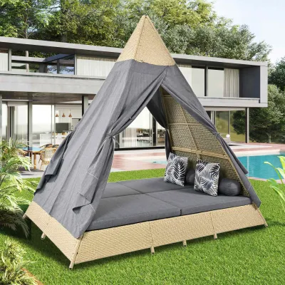 Gartenlounge-Set, Rattanzelt, geeignet für 2-4 Personen, inklusive Türvorhang, Sitzkissen, Grau